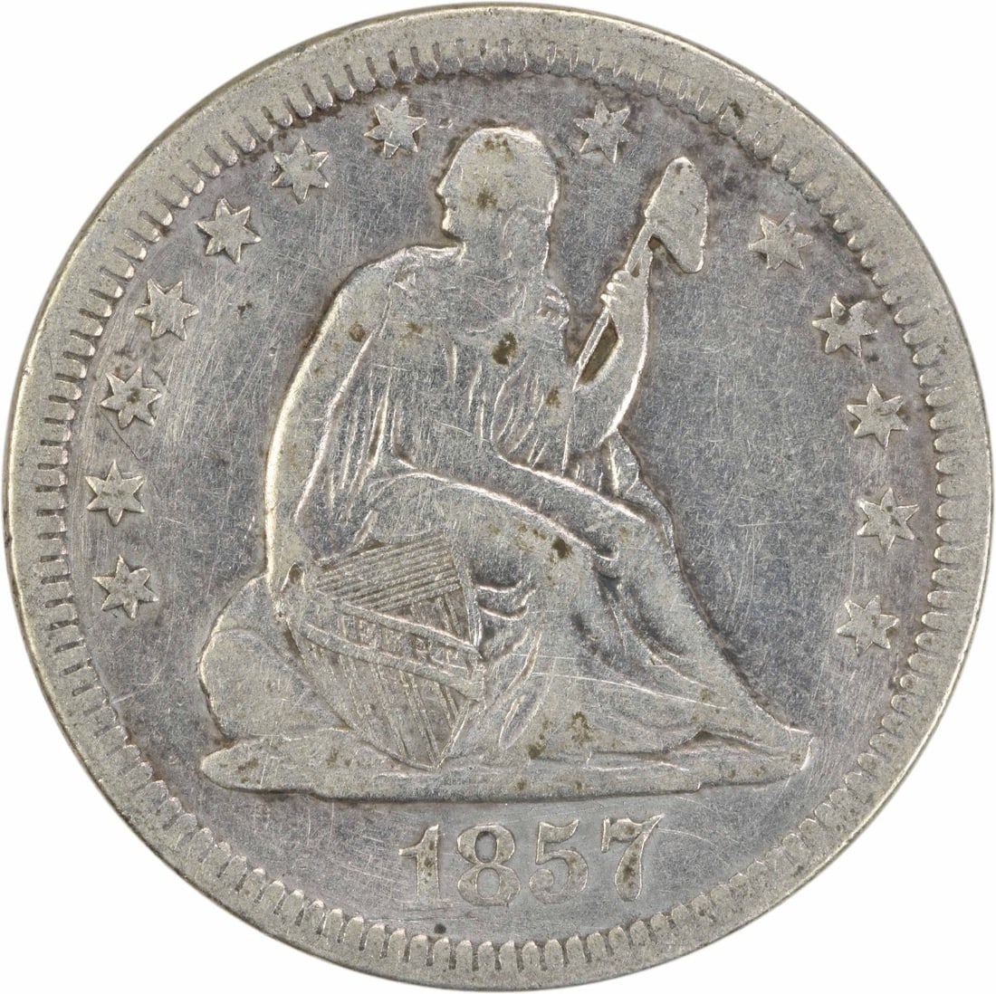 1857 Liberty Seated Quarter 90% Silver Uncertified Philadelphia: 1857 Liberty Seated Quarter 90% Silver Uncertified Philadelphia This 1857 Liberty Seated Silver Quarter is a beautiful piece of American numismatic history. Struck in Philadelphia, this coin features 