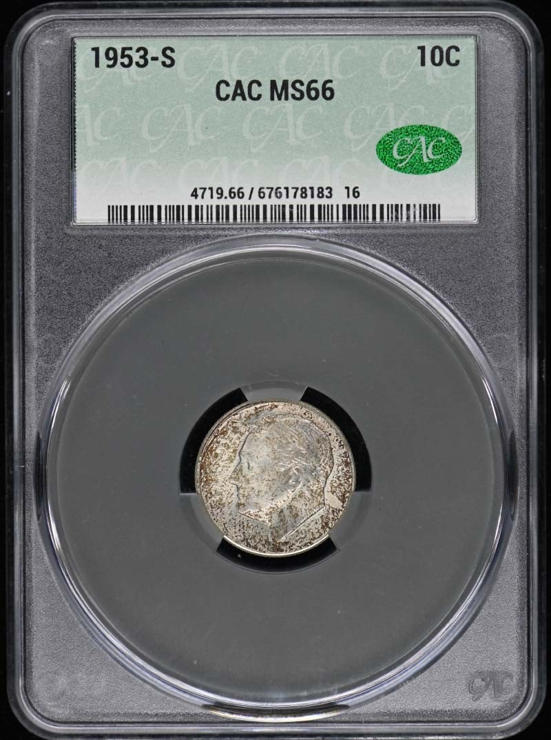 1953-S Roosevelt Dime CACG MS66 Uncirculated: 1953-S Roosevelt Dime CACG MS66 Uncirculated This 1953-S Roosevelt Dime is a stunning example of numismatic excellence, certified by CACG with a high grade of MS66. Struck at the San Francisco Mint, t