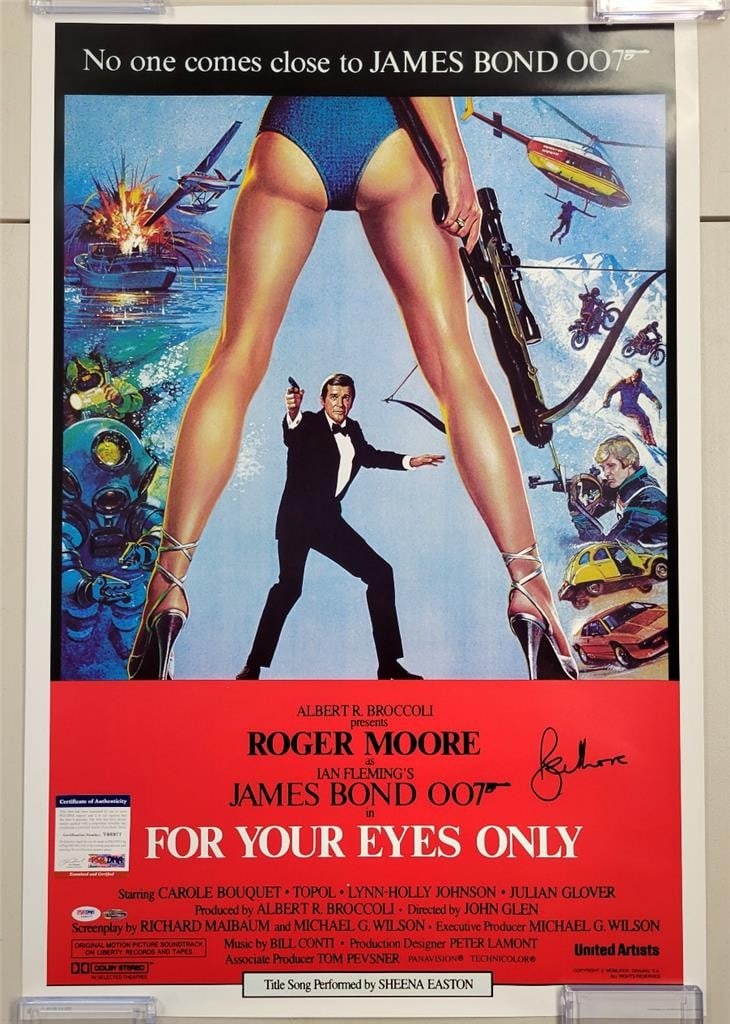 For Your Eyes Only 24x36 Poster Signed by Roger Moore Beckett Authenticated: For Your Eyes Only 24x36 Poster Signed by Roger Moore Beckett Authenticated This is an original 24x36 inch movie poster from "For Your Eyes Only," signed by Roger Moore, who portrayed James Bond. The 