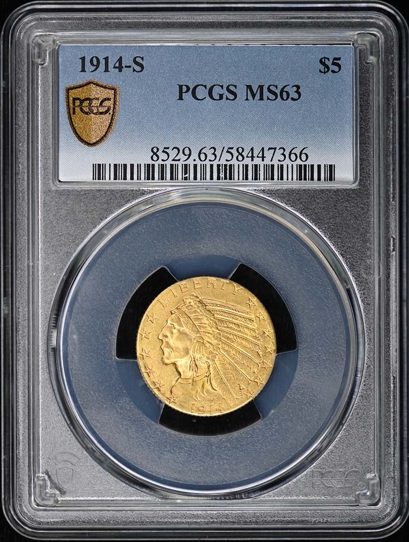 1914 San Francisco Indian $5 Gold Coin PCGS MS63: 1914 San Francisco Indian $5 Gold Coin PCGS MS63 This is a 1914-S $5 Indian Head gold coin graded MS63 by PCGS. Struck at the San Francisco Mint, this uncirculated coin features the classic Indian Hea
