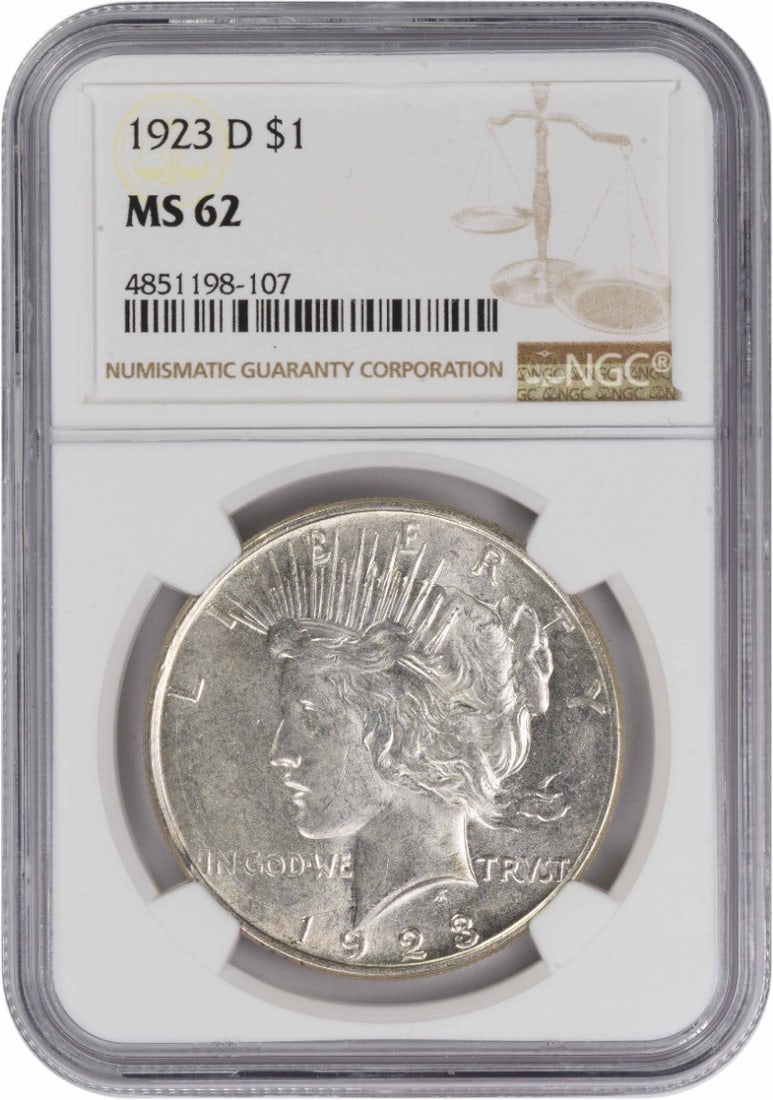 MS62 Graded 1923 Denver Mint Peace Dollar NGC Certified Silver Coin (1 of 2)