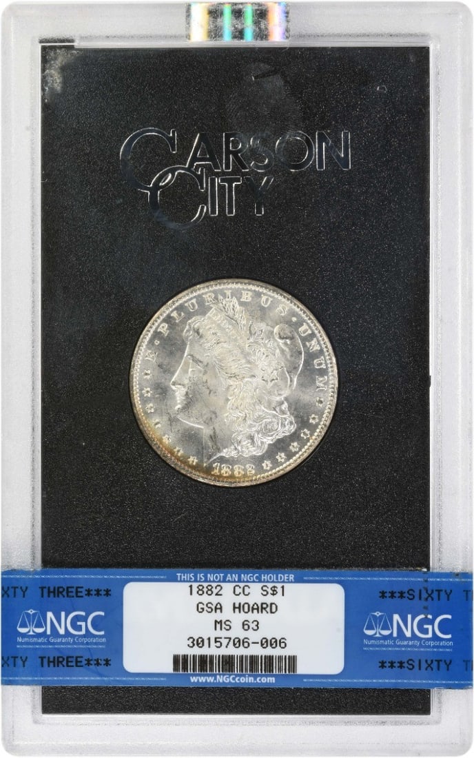 1882 Carson City Morgan Dollar MS63 NGC in GSA Holder: 1882 Carson City Morgan Dollar MS63 NGC in GSA Holder This is an 1882 Carson City Morgan Silver Dollar, certified by NGC with a grade of MS63, and presented in a GSA holder. The coin is uncirculated a