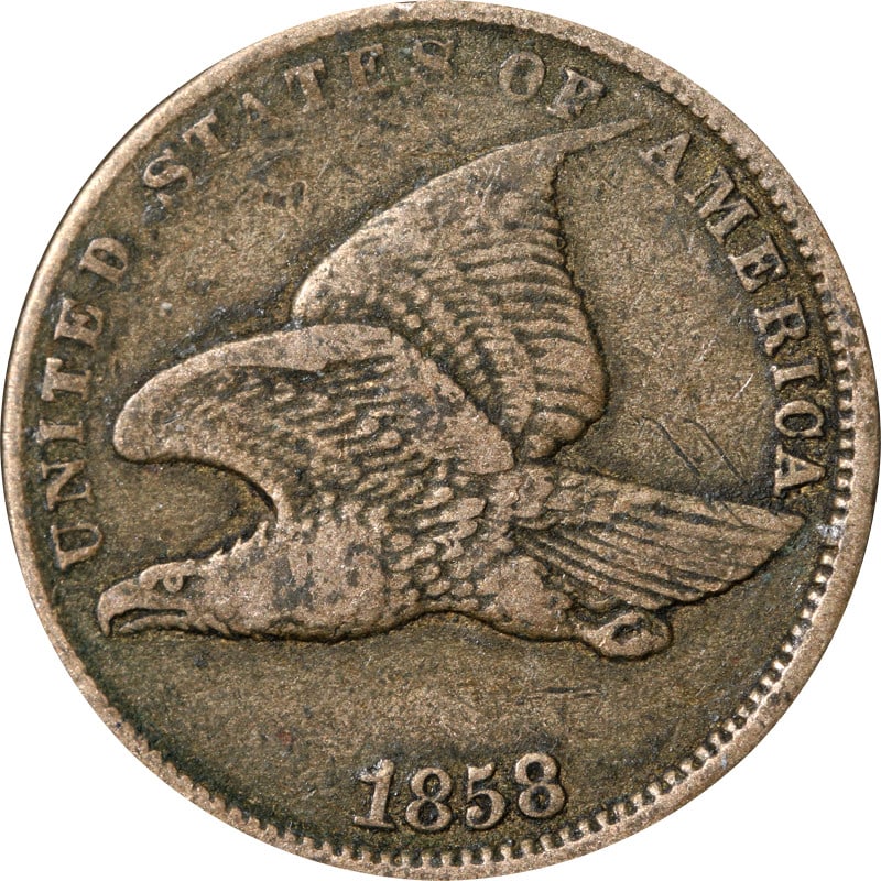 1858 Small Letters Copper Flying Eagle One Cent United States Coin: 1858 Small Letters Copper Flying Eagle One Cent United States Coin This 1858SL Flying Eagle Cent is a circulated coin from the United States, composed of copper with a fineness of 0.9. The coin dates 