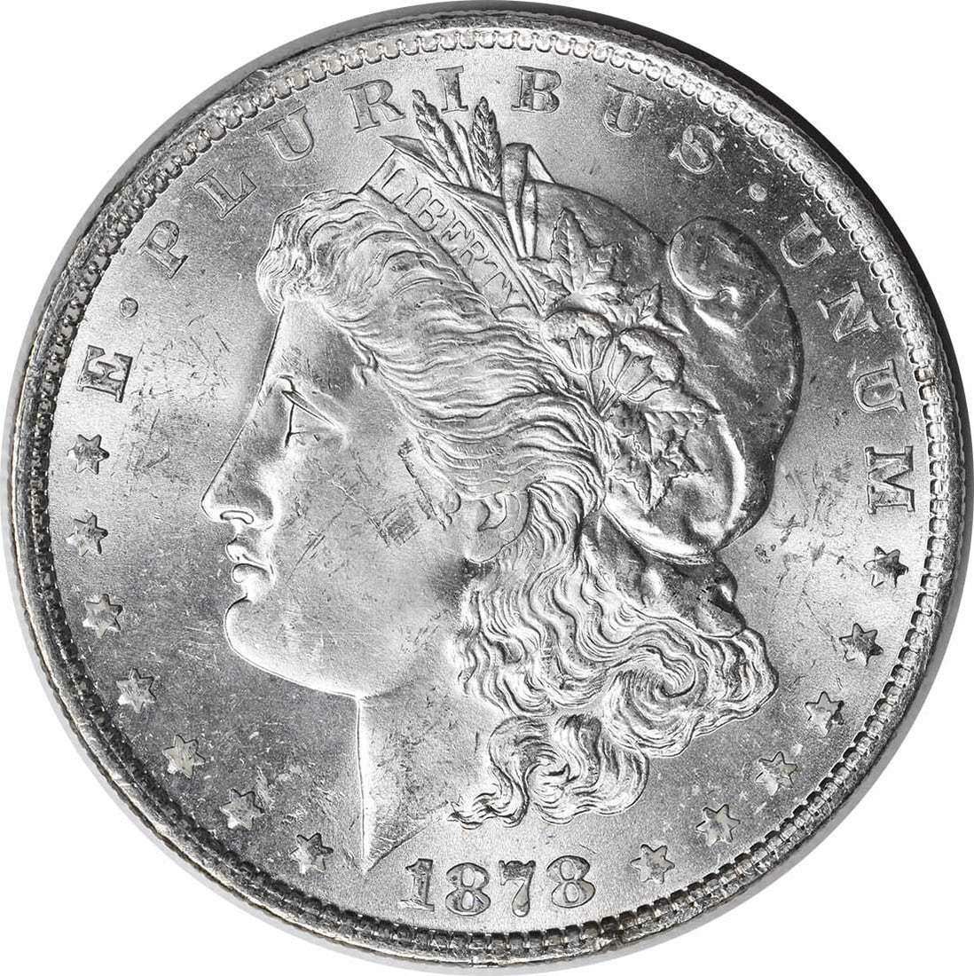 Choice BU 1878 Morgan Dollar 7 Tail Feathers Reverse of 1879 Uncertified: Choice BU 1878 Morgan Dollar 7 Tail Feathers Reverse of 1879 Uncertified This is an 1878 Morgan Silver Dollar featuring the 7 Tail Feathers Reverse of 1879 design. The coin is uncirculated and in Choi