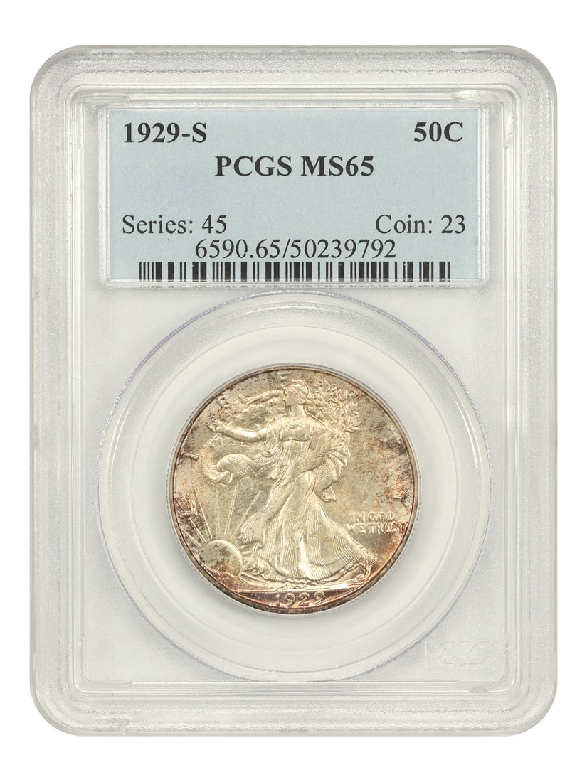 Walking Liberty 1929 San Francisco Half Dollar PCGS MS65: Walking Liberty 1929 San Francisco Half Dollar PCGS MS65 This 1929-S Walking Liberty Half Dollar is graded MS65 by PCGS and features bright luster with attractive reddish and peach toning on both side