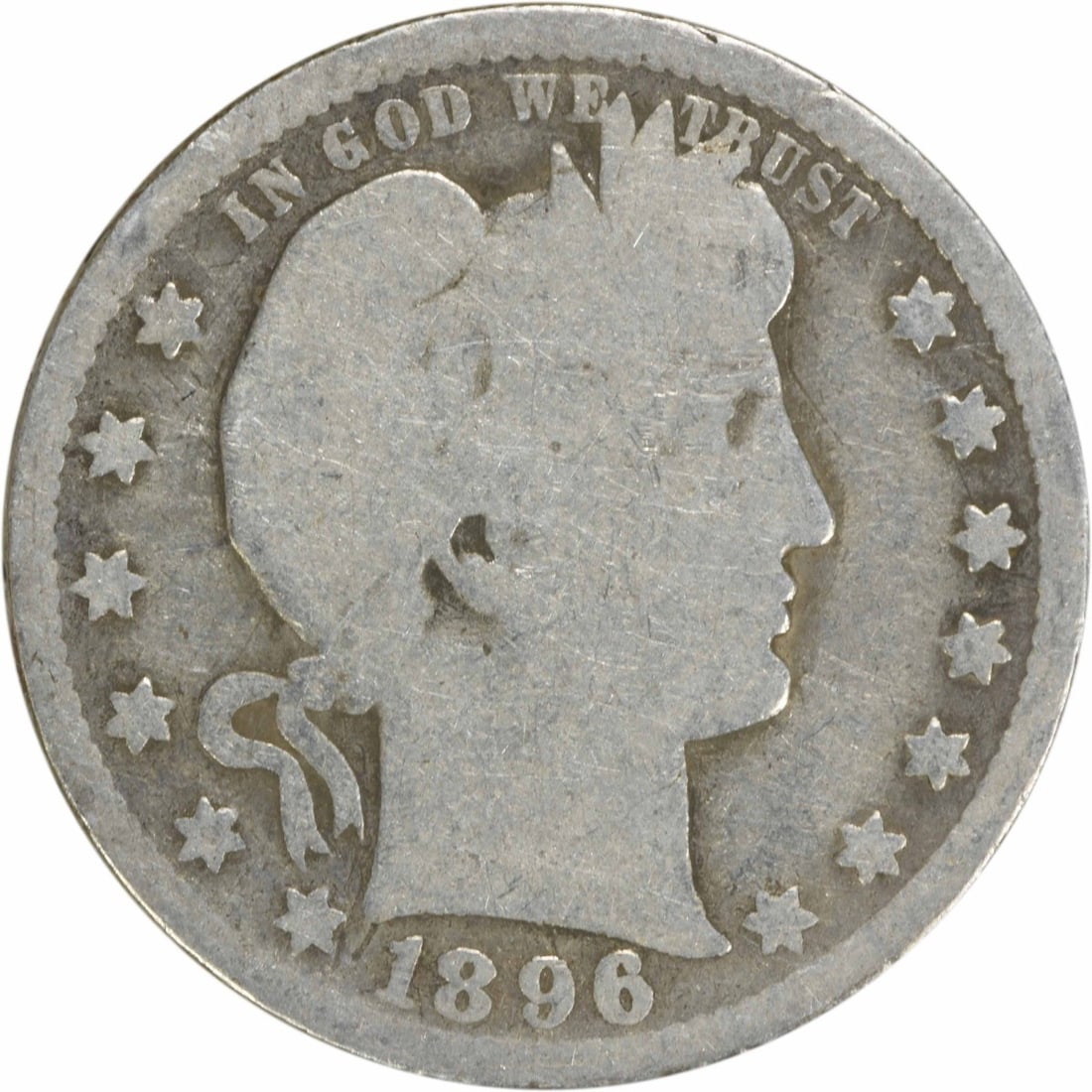 1896-O Barber Silver Quarter 25C G Uncertified Coin: 1896-O Barber Silver Quarter 25C G Uncertified Coin This 1896-O Barber Silver Quarter is a notable piece of American numismatic history. Struck in New Orleans, it features the iconic design by Charles