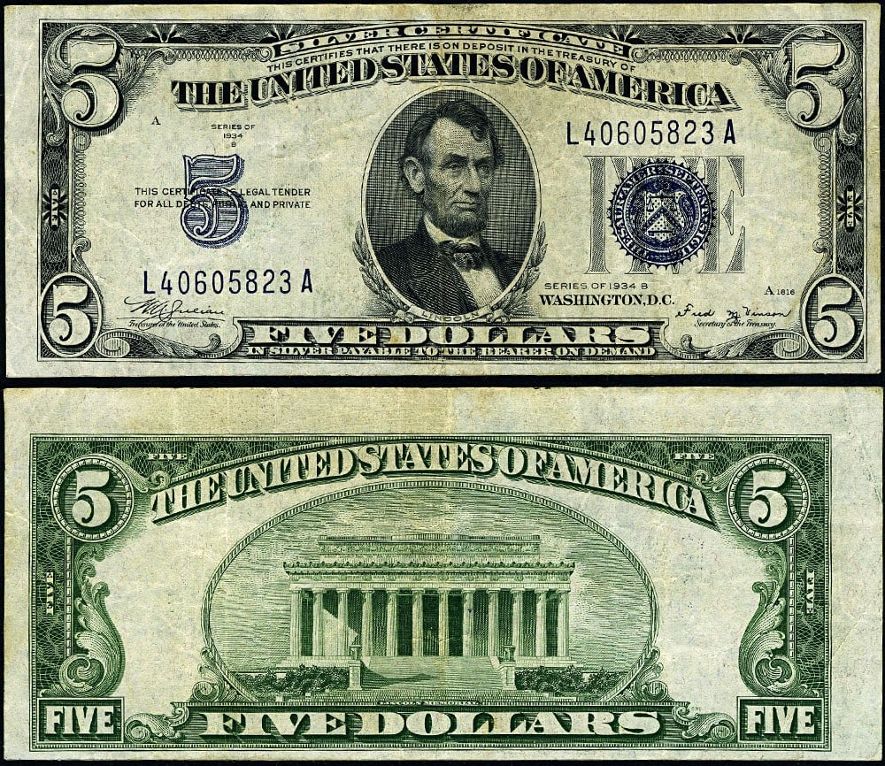 1934-B $5 Silver Certificate Mule L-A Block Uncertified (1 of 3)