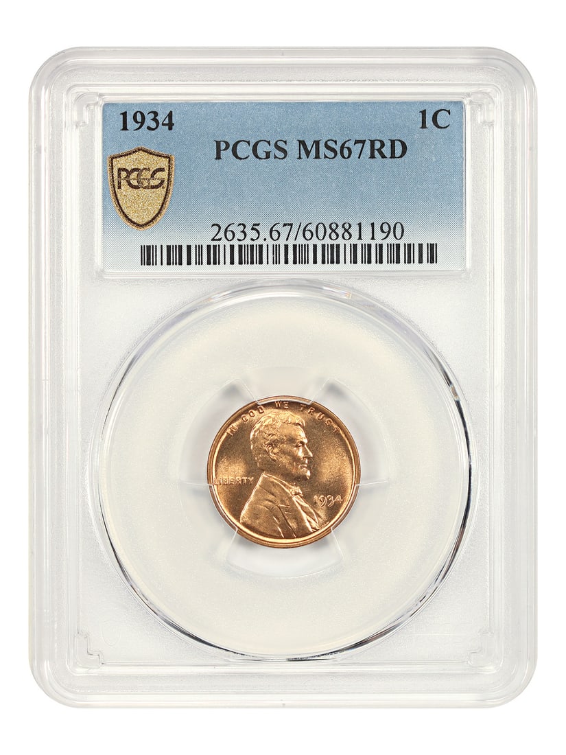 1934 Lincoln Wheat Cent PCGS MS67RD Philadelphia Mint Red: 1934 Lincoln Wheat Cent PCGS MS67RD Philadelphia Mint Red This 1934 Lincoln Cent, featuring the Wheat Reverse design, is graded MS67RD by PCGS and remains in uncirculated condition. Struck in Philadel