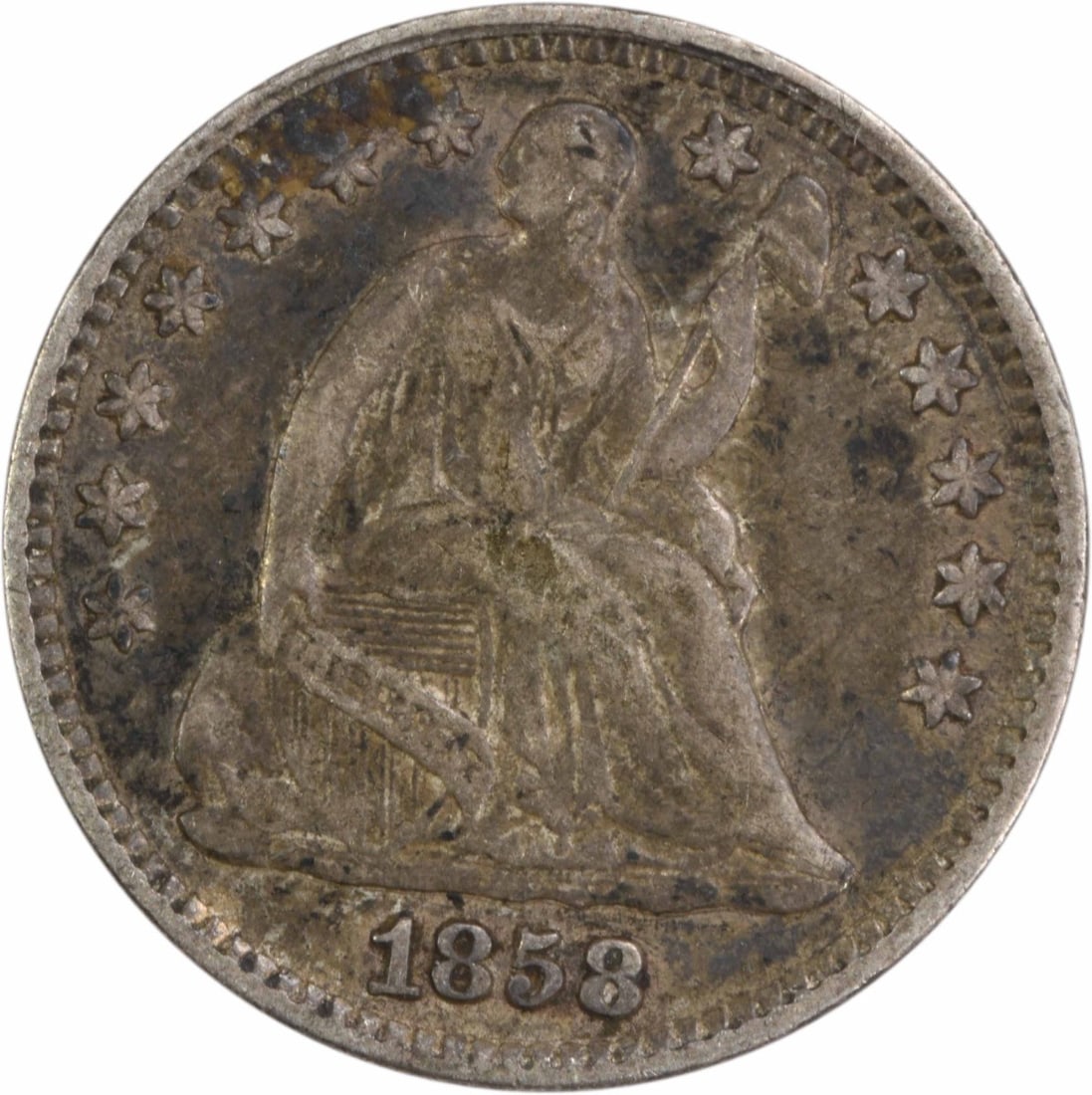 1858 Liberty Seated Half Dime EF Uncertified US Coin: 1858 Liberty Seated Half Dime EF Uncertified US Coin This 1858 Liberty Seated Silver Half Dime is a remarkable piece of American numismatic history. Featuring a classic seated design by Christian Gobr
