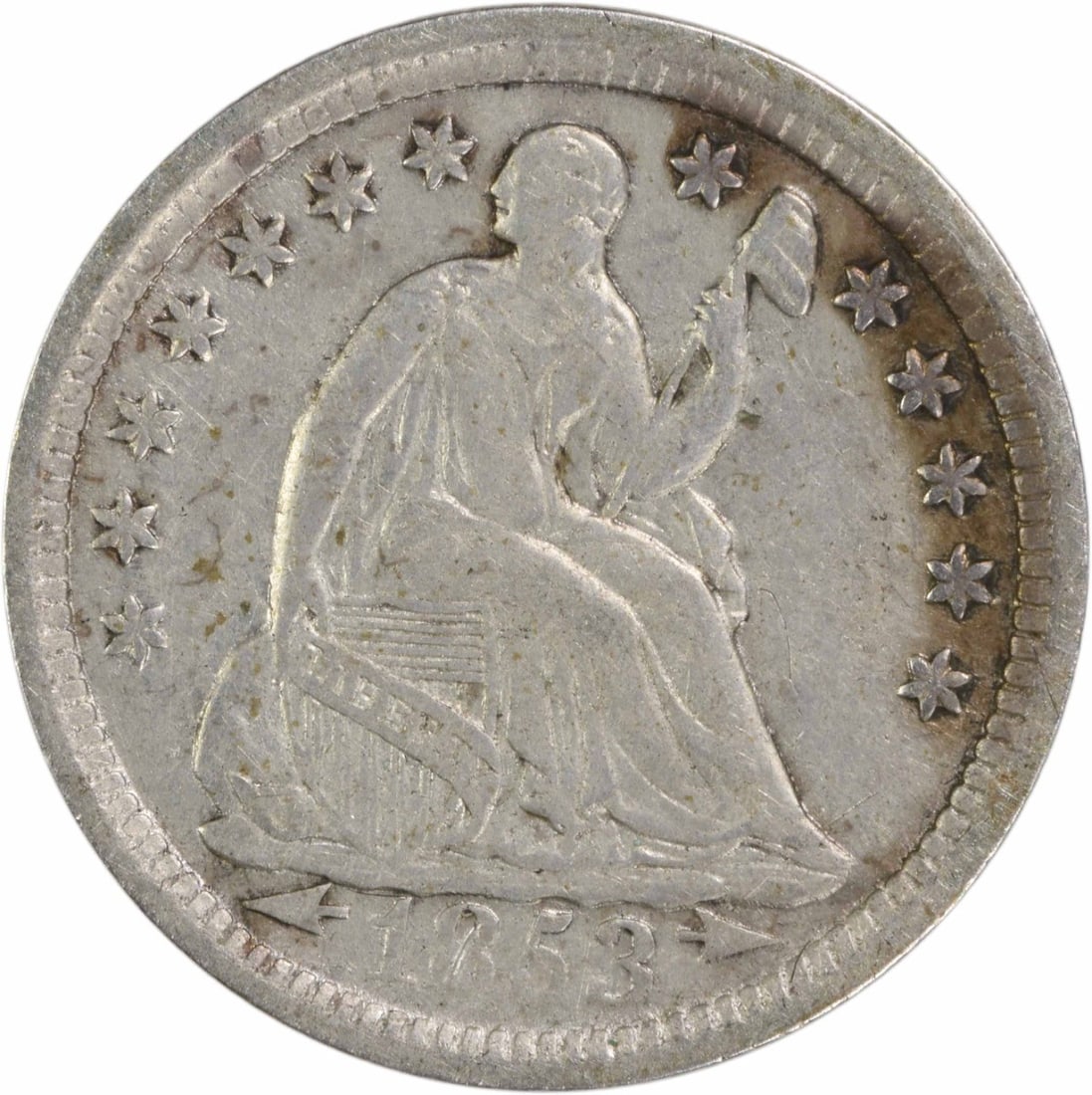 1853 Liberty Seated Half Dime 90% Silver Uncertified EF: 1853 Liberty Seated Half Dime 90% Silver Uncertified EF This 1853 Liberty Seated Silver Half Dime features a classic design by Christian Gobrecht and is a notable piece for collectors. The coin has a 