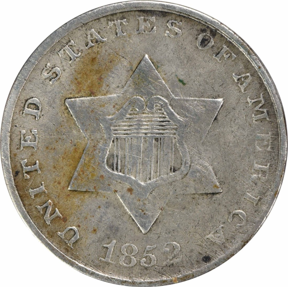 1852 Three Cent Silver Coin Uncertified F Grade USA (1 of 2)
