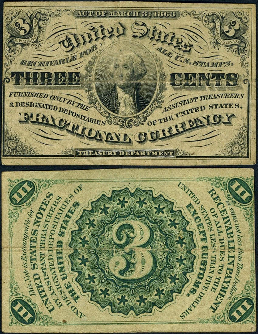 FR. 1226 3 Cent 3rd Issue VF+ Circulated Fractional Note (1 of 3)