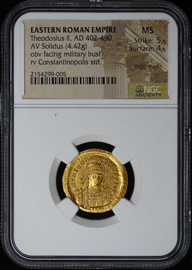 Eastern Roman Empire Gold Solidus Theodosius II 4.42g NGC MS Certified: Eastern Roman Empire Gold Solidus Theodosius II 4.42g NGC MS Certified This Eastern Roman Empire AV Solidus dates from the reign of Theodosius II, AD 402-450. The coin weighs 4.42 grams and has been g
