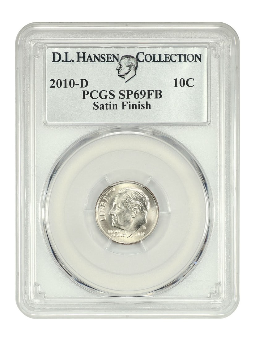 2010 Denver Roosevelt Dime PCGS SP69FB Satin Finish D L Hansen Collection: 2010 Denver Roosevelt Dime PCGS SP69FB Satin Finish D L Hansen Collection This is a 2010-D Roosevelt Dime with a satin finish, certified by PCGS as SP69FB. The coin is uncirculated and features the Fu
