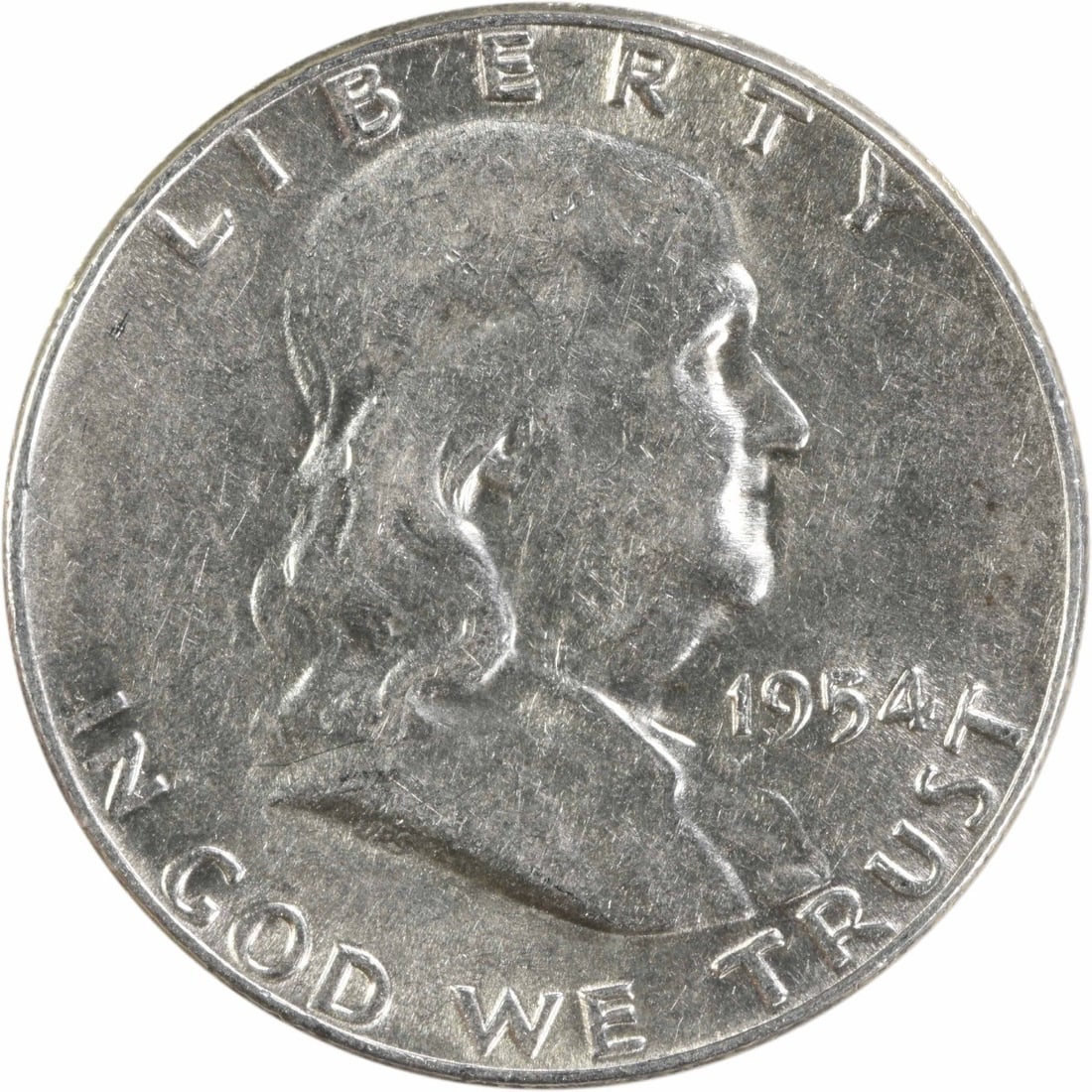 1954 Philadelphia 50C Franklin Half Dollar AU Grade Uncertified Silver Coin: 1954 Philadelphia 50C Franklin Half Dollar AU Grade Uncertified Silver Coin This 1954 Franklin Half Dollar from the Philadelphia Mint is composed of 90% silver and 10% copper. Designed by John R. Sinn