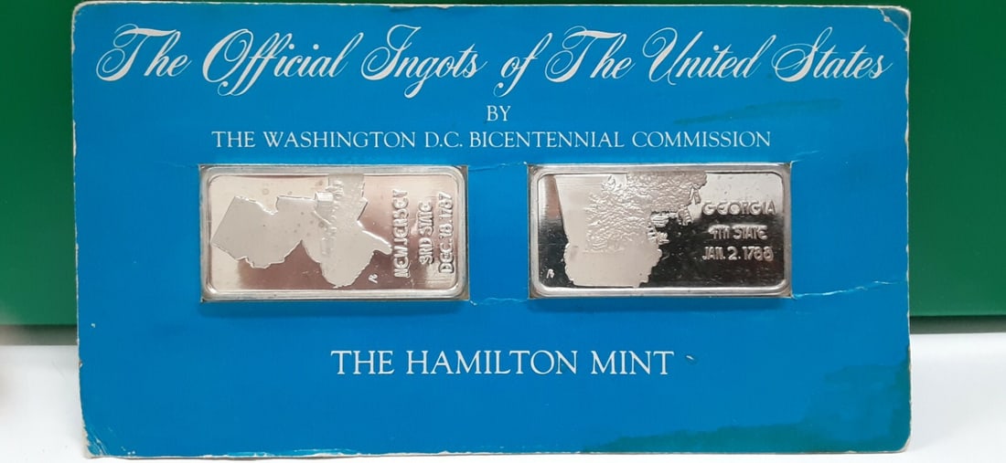 Set of Two 1976 Hamilton Mint Statehood 1oz Silver Ingots New Jersey Georgia (1 of 2)