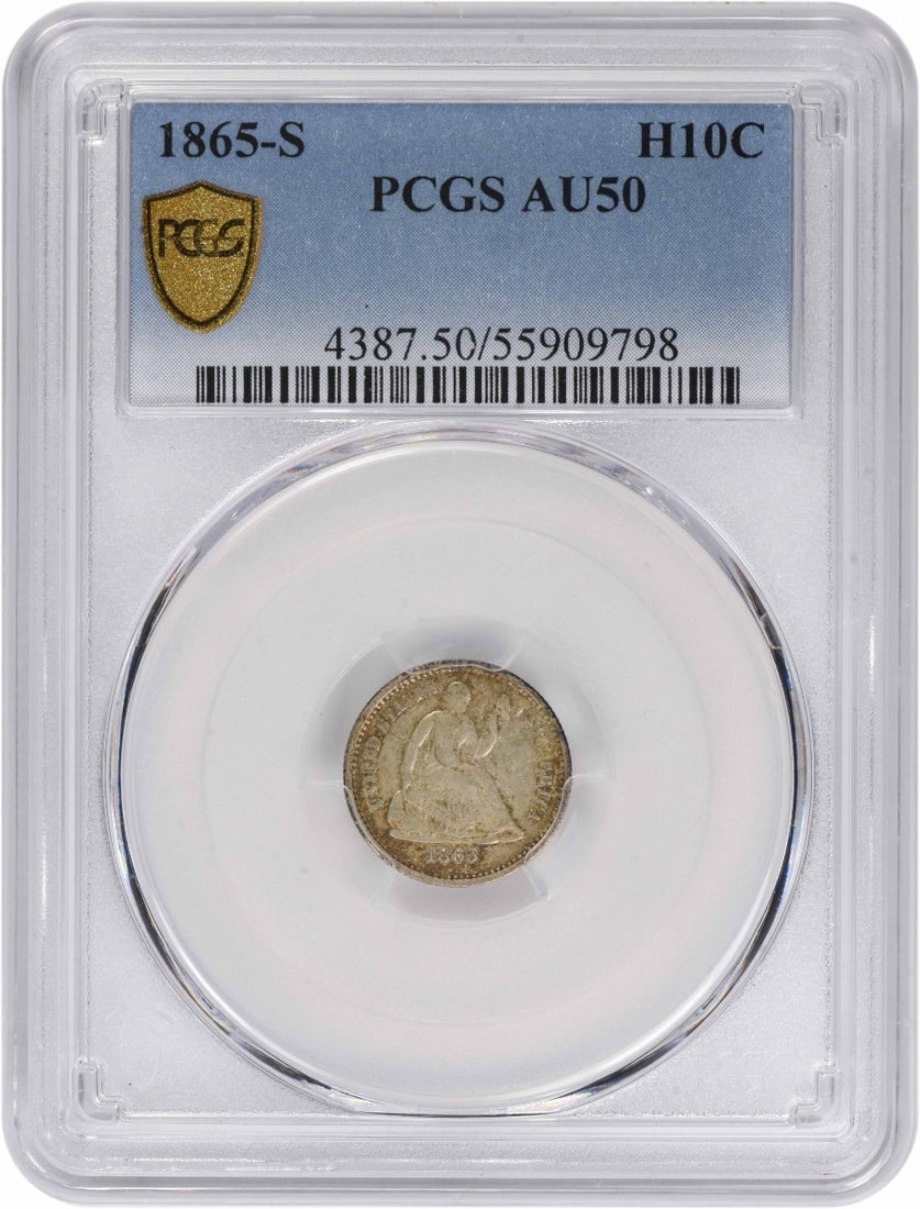 San Francisco 1865 Seated Half Dime 90% Silver AU50 Graded by PCGS: San Francisco 1865 Seated Half Dime 90% Silver AU50 Graded by PCGS This 1865-S Liberty Seated Silver Half Dime is graded AU50 by PCGS. Struck at the San Francisco Mint, this pre-owned coin is composed