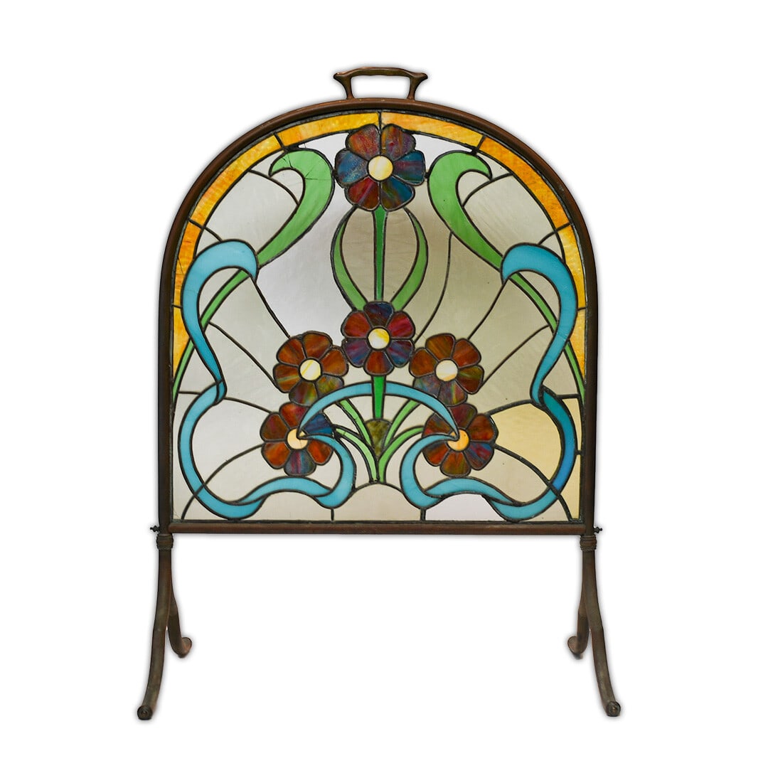 Art Nouveau Tiffany Style Multi-Color Stained Glass Fireplace Screen 32.5in x 23in Circa 1910 (1 of 5)