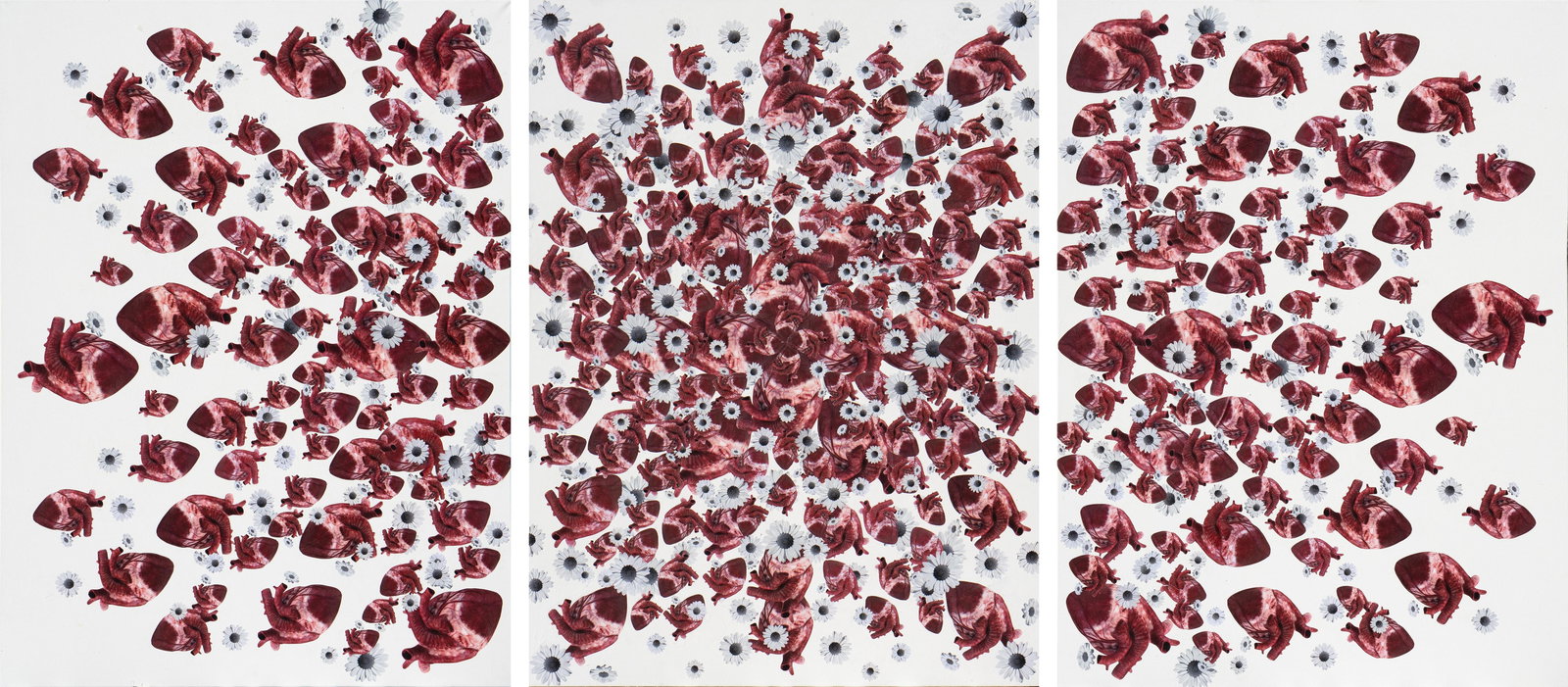 Big Heart Triptych 48 x 108 Mixed Media by Tetiana Kalivoshko 2023: Big Heart Triptych 48 x 108 Mixed Media by Tetiana Kalivoshko 2023 "Big Heart (triptych)" is a striking mixed media artwork by artist Tetiana Kalivoshko, created in 2023. This captivating piece measur