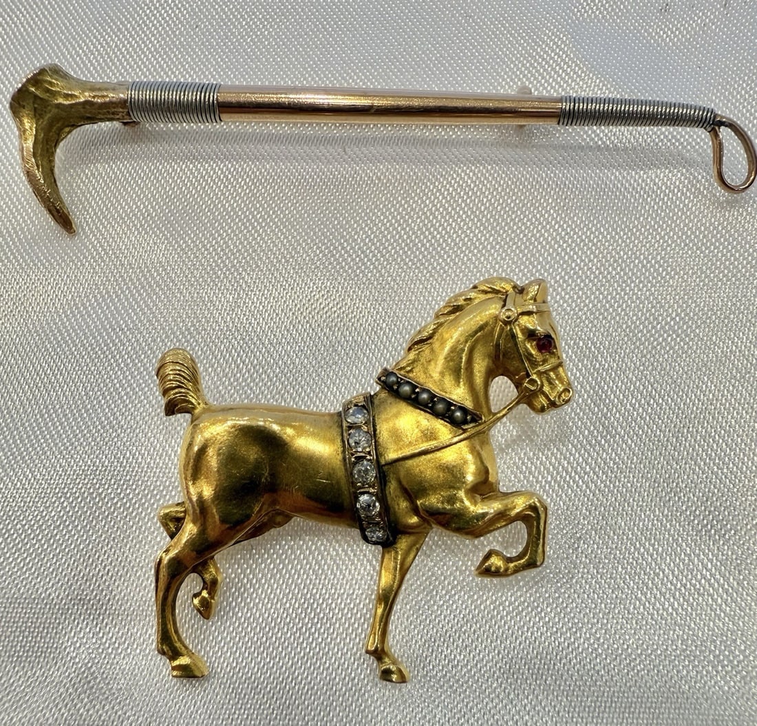 Exquisite Set of 2 French Horse Brooches 18K Gold Platinum Diamond Pearl Ruby (1 of 6)