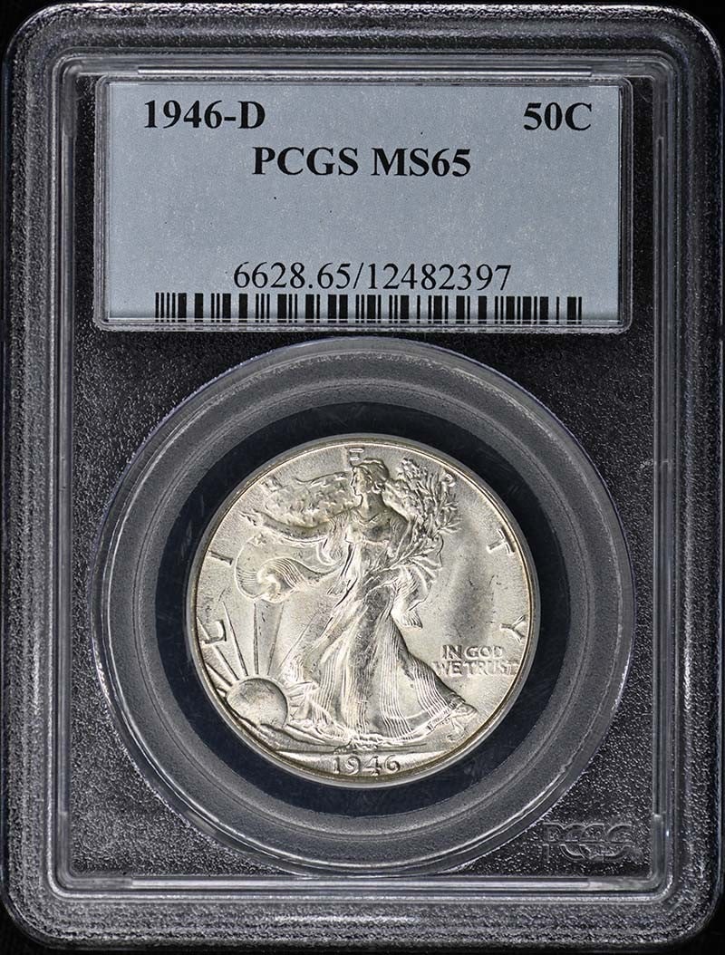 PCGS MS65 1946 Denver Walking Liberty Half Dollar: PCGS MS65 1946 Denver Walking Liberty Half Dollar This 1946-D Walking Liberty Half Dollar has been certified by PCGS with a grade of MS65. Struck at the Denver Mint, this uncirculated coin features th