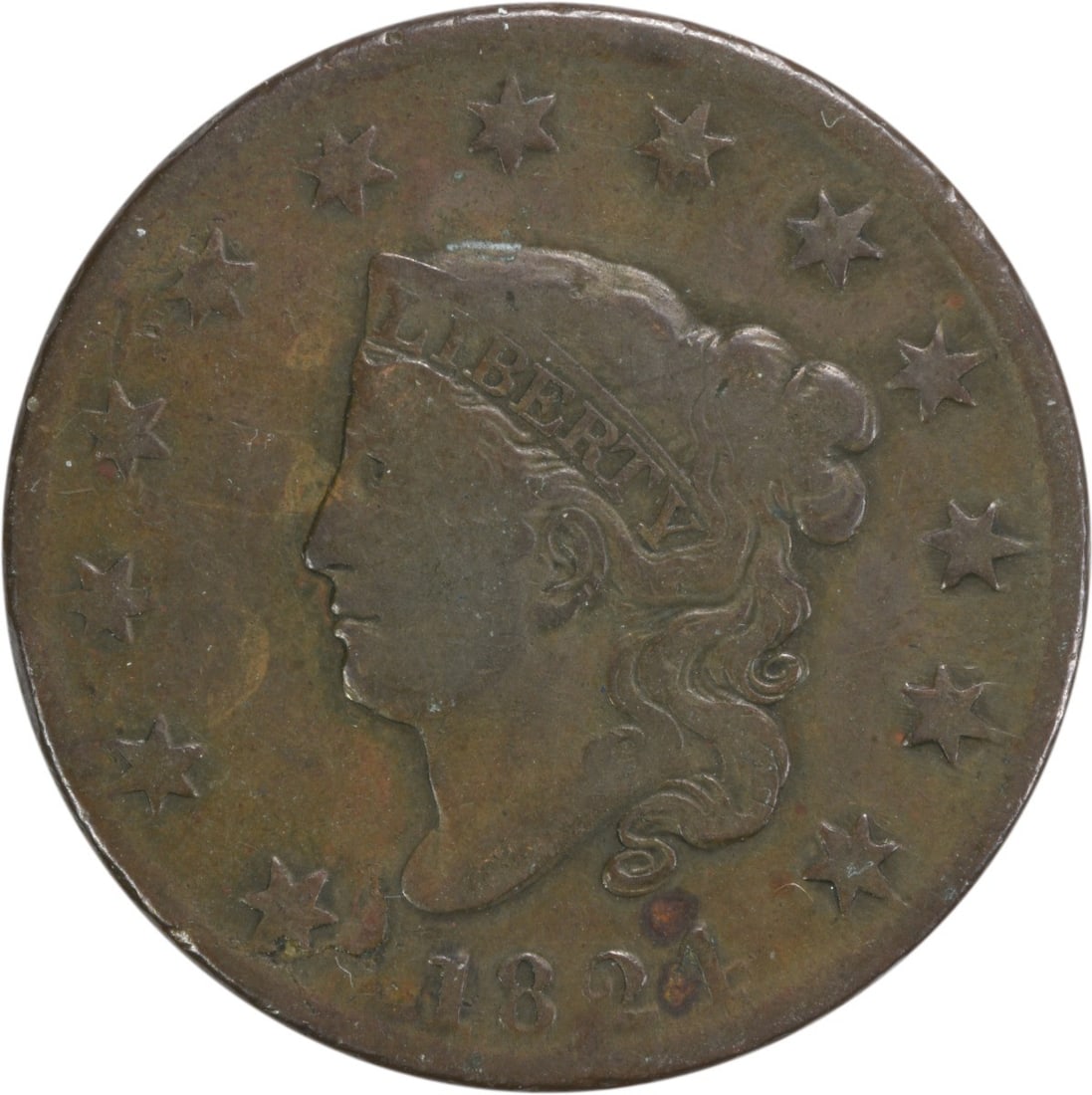 1824 Large Cent Copper Coronet Head Coin Uncertified F Grade: 1824 Large Cent Copper Coronet Head Coin Uncertified F Grade This 1824 Large Cent is an intriguing piece of American numismatic history. Struck at the Philadelphia mint, this coin features the Coronet