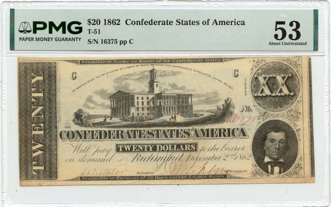 PMG AU53 Graded 1862 Confederate States Twenty Dollar T-51 Note (1 of 2)