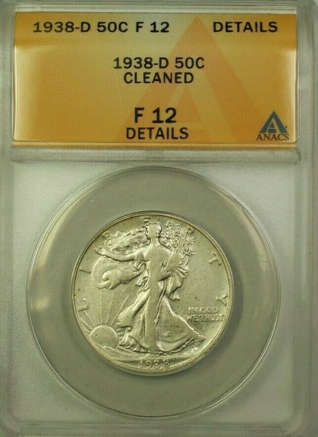ANACS F-12 1938-D Liberty Walking Half Dollar Silver Coin Cleaned: ANACS F-12 1938-D Liberty Walking Half Dollar Silver Coin Cleaned This is a 1938-D Walking Liberty Half Dollar, certified by ANACS with a grade of F-12 Details. The coin was minted in Denver and is co