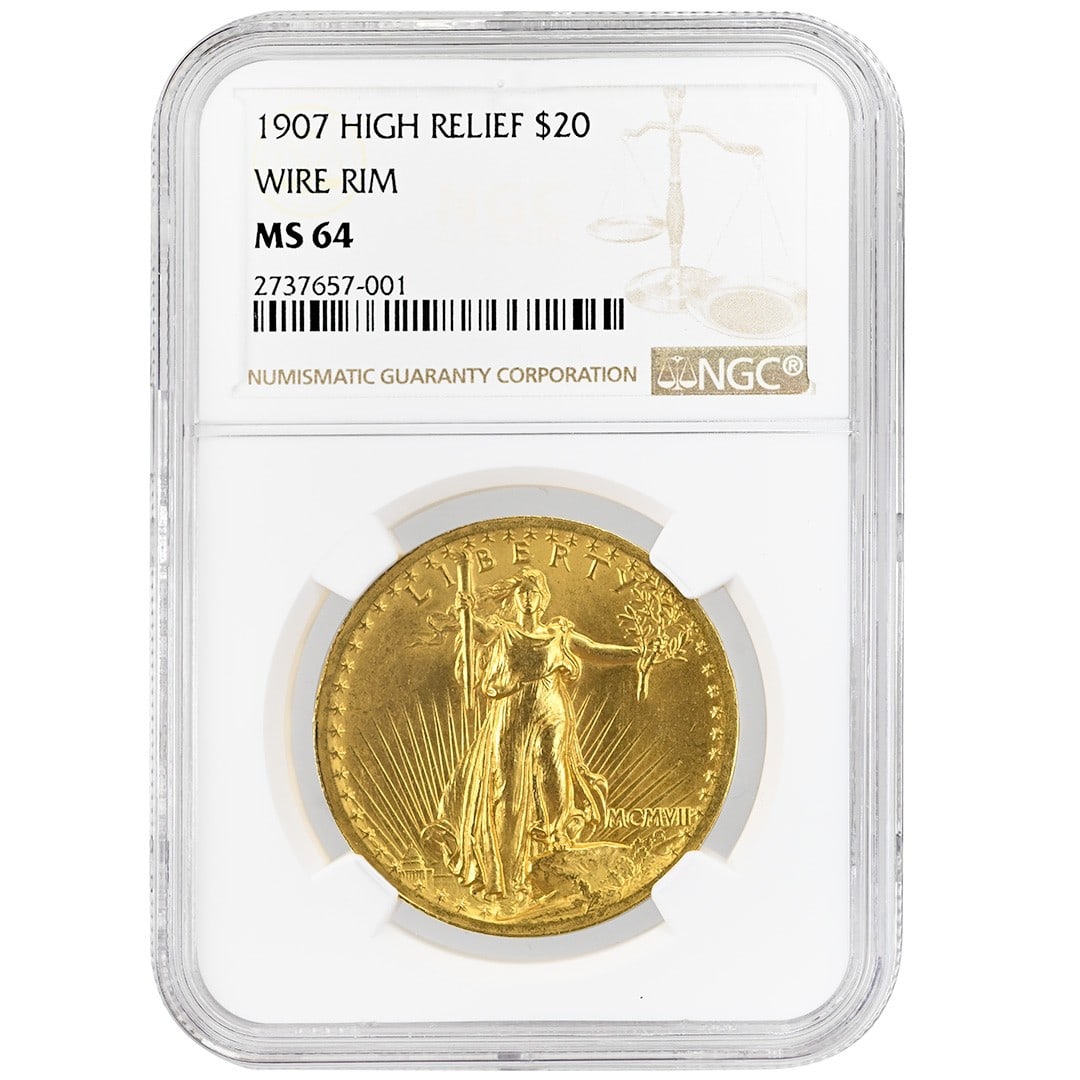 1907 St Gaudens $20 Gold High Relief Wire Rim NGC MS64 United States Coin (1 of 2)