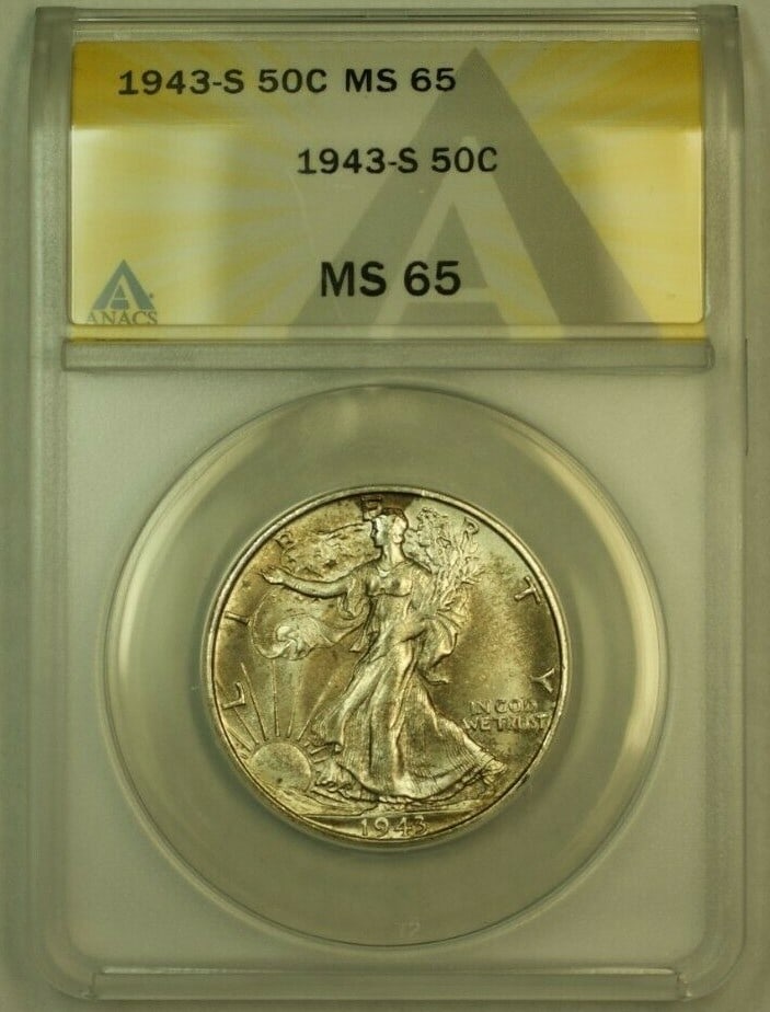ANACS MS-65 1943-S Liberty Walking Half Dollar Silver Coin Lightly Toned: ANACS MS-65 1943-S Liberty Walking Half Dollar Silver Coin Lightly Toned This 1943-S Walking Liberty Half Dollar is certified by ANACS with a grade of MS-65. Struck in San Francisco, the coin is compo