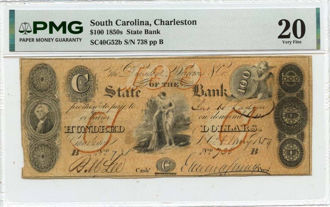 State Bank Charleston 1859 $100 Obsolete Currency PMG VF20 (1 of 2)