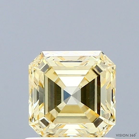 Loose Diamond - ASSCHER 1.01ct Fancy Light Yellow VS2: Loose Diamond - ASSCHER 1.01ct Fancy Light Yellow VS2 Source: This is a real non-mined Diamond that has been grown in a lab Shape: ASSCHER Carats: 1.01 Color: Fancy Light Yellow Certification: IGI Vid