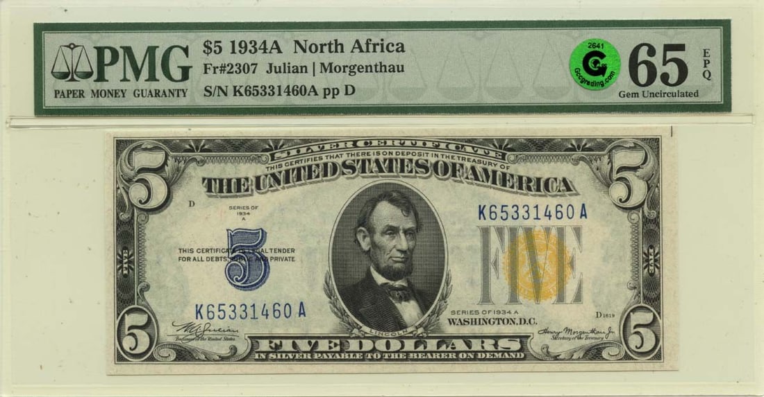 1934A $5 Silver Certificate PMG GEM 65 EPQ North Africa WWII FR#2307 (1 of 2)