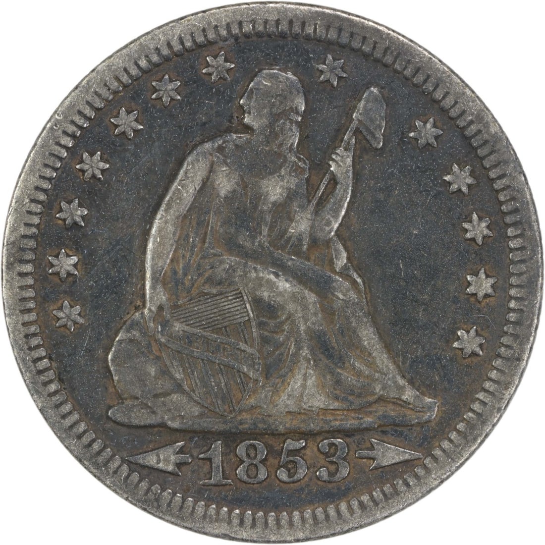 1853 Liberty Seated Quarter 25C VF Silver Uncertified Philadelphia: 1853 Liberty Seated Quarter 25C VF Silver Uncertified Philadelphia This 1853 Liberty Seated Silver Quarter features the Arrows and Rays design, showcasing a classic representation of American numismat