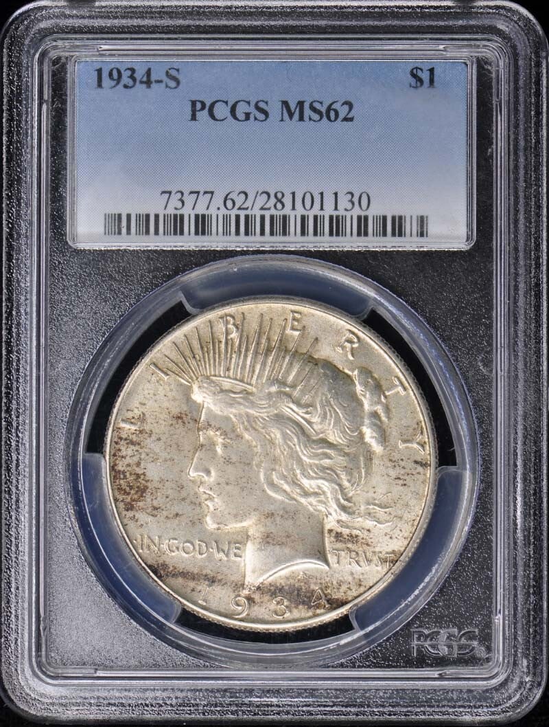 1934-S Peace Dollar Certified PCGS MS62 San Francisco Silver Coin (1 of 2)