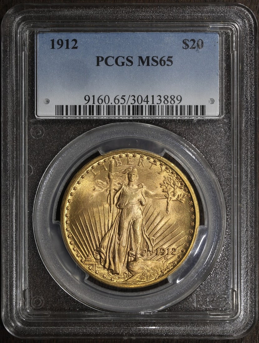 1912 MS65 $20 Gold Saint Gaudens Double Eagle Coin PCGS Certified: 1912 MS65 $20 Gold Saint Gaudens Double Eagle Coin PCGS Certified This 1912 Saint Gaudens Gold Double Eagle $20 coin is certified by PCGS with a grade of MS65. Struck in Philadelphia, it features an u