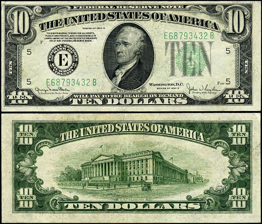 1934-D $10 Federal Reserve Note Richmond E-B Block AU+ (1 of 3)