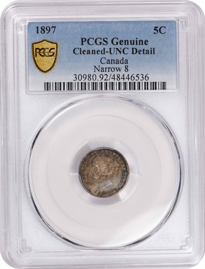 Canada 1897 Nickel 5 Cent Coin PCGS Genuine Narrow 8 Cleaned UNC Detail (1 of 2)