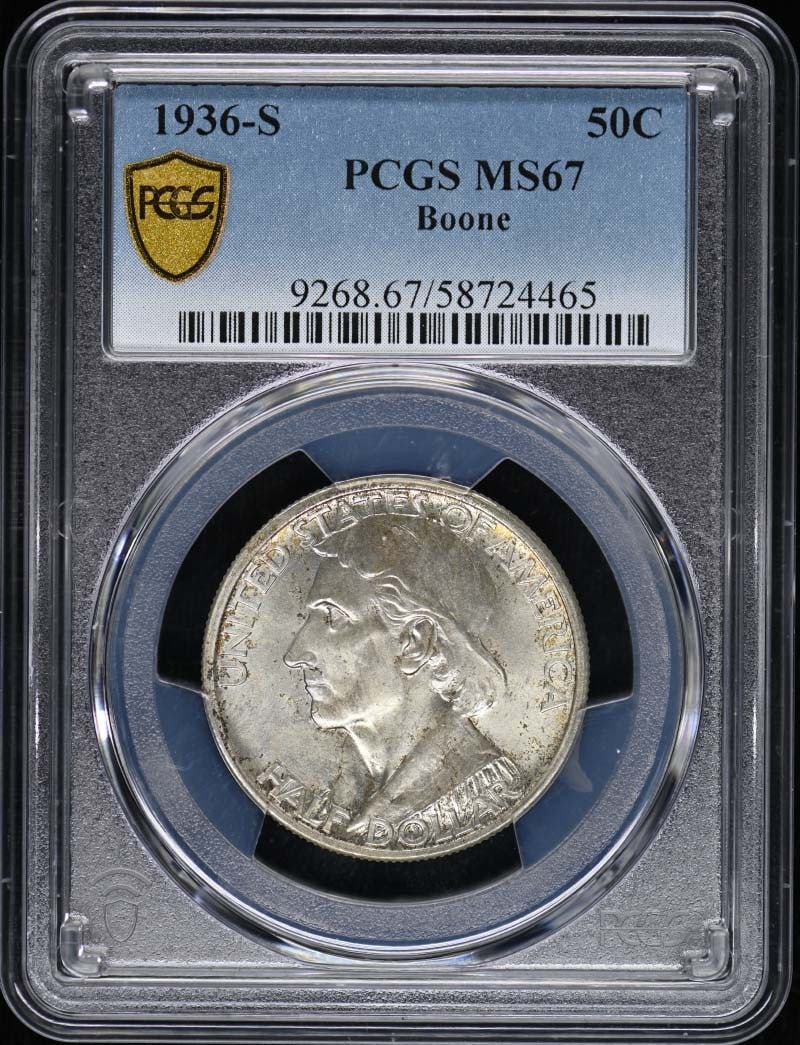 1936-S Silver Boone Half Dollar PCGS MS67 San Francisco Mint: 1936-S Silver Boone Half Dollar PCGS MS67 San Francisco Mint This is a 1936-S Boone 50-cent silver commemorative coin graded MS67 by PCGS. The coin was minted in San Francisco and is composed of 90% s