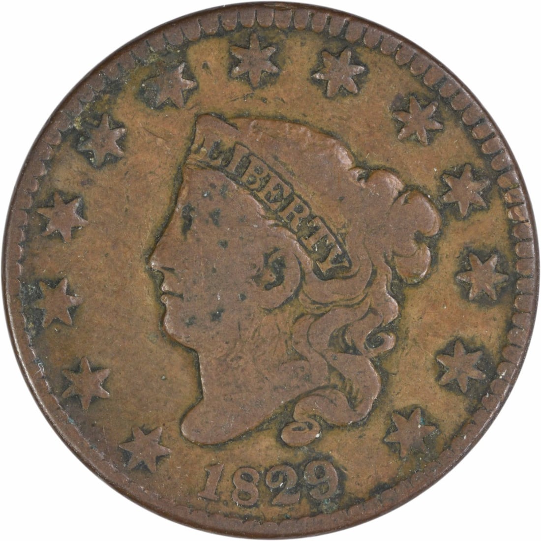 1829 Coronet Head Large Cent Copper Coin Fine Grade Uncertified: 1829 Coronet Head Large Cent Copper Coin Fine Grade Uncertified This 1829 Coronet Head Large Cent is a circulated coin from the United States, minted in Philadelphia. Designed by Robert Scot, this pre