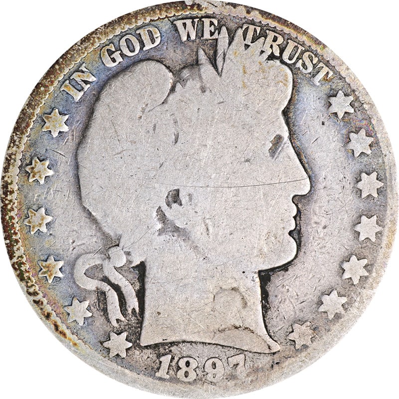 1897 Silver Half Dollar from New Orleans Mint: 1897 Silver Half Dollar from New Orleans Mint This is a 1897-O Barber Half Dollar coin minted in New Orleans. The coin is composed of silver and is in circulated, pre-owned condition. It is uncertifie