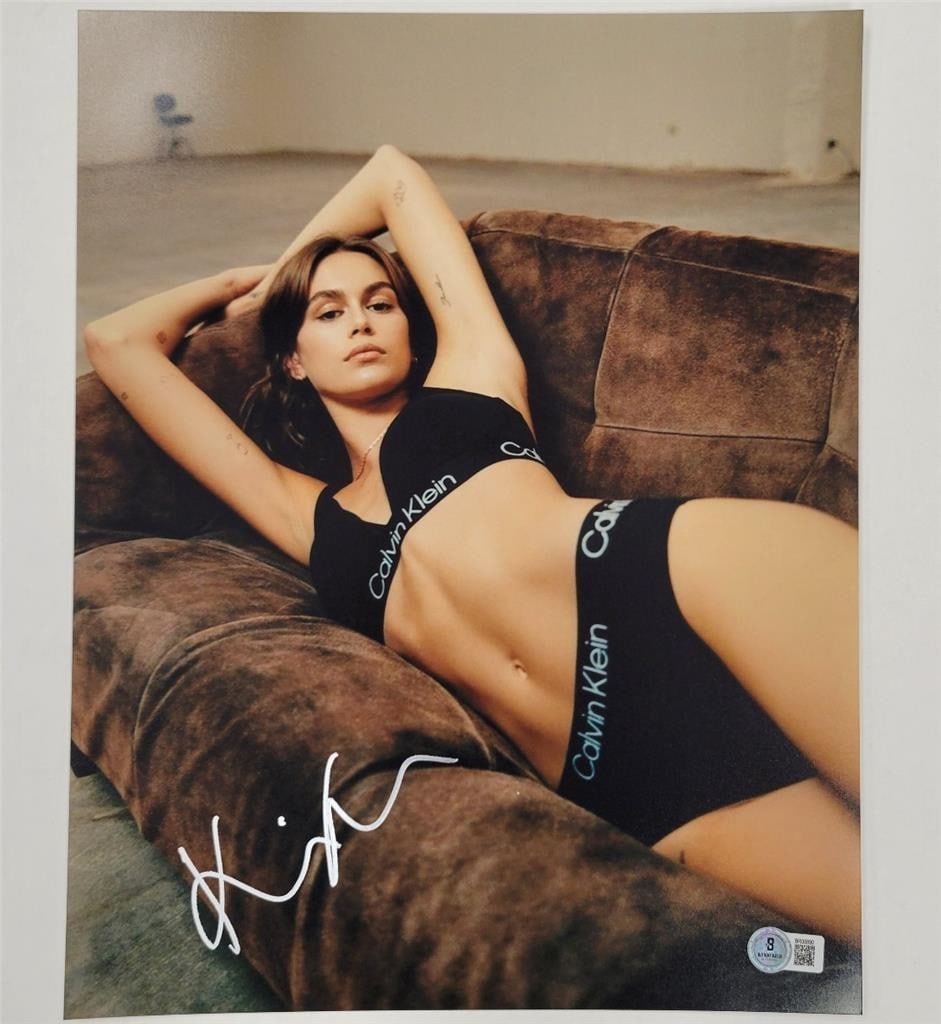 11x14 photograph signed by Kaia Gerber with Beckett authentication: 11x14 photograph signed by Kaia Gerber with Beckett authentication This is an original 11x14 photograph signed by actress and model Kaia Gerber. The autograph is authenticated by Beckett Authenticatio