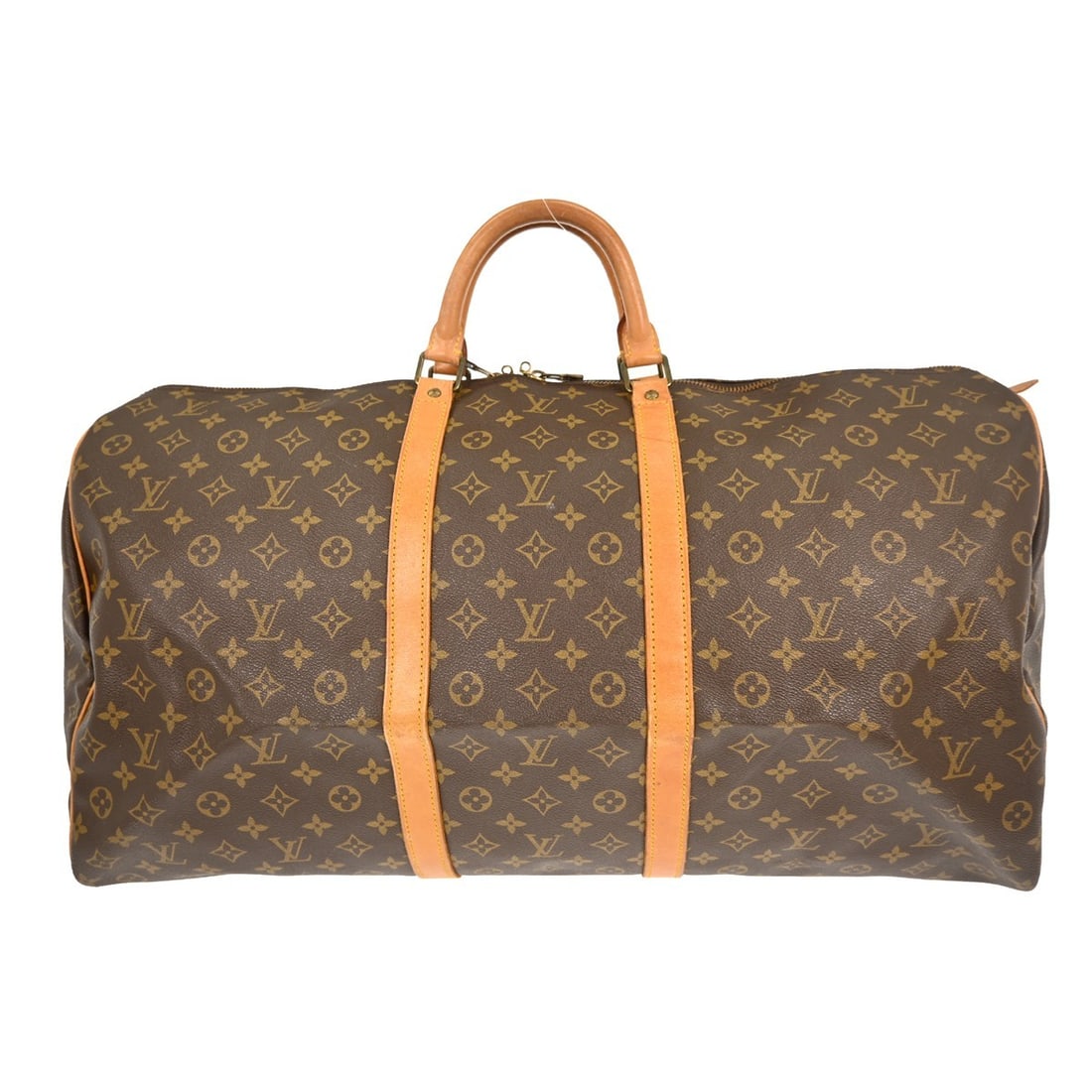 Louis Vuitton Keepall Monogram Canvas Unisex Travel Bag 60cm: Louis Vuitton Keepall Monogram Canvas Unisex Travel Bag 60cm Louis Vuitton Keepall Bag in signature monogram canvas, designed for unisex use. The bag is brown and features notable wear, including scuf