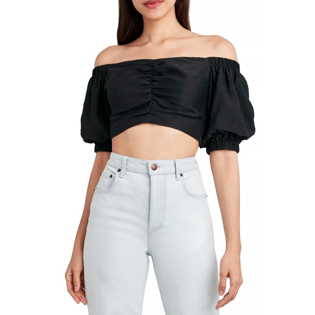 BCBGeneration Black Off-The-Shoulder Cropped Blouse with Puff Sleeves: BCBGeneration Black Off-The-Shoulder Cropped Blouse with Puff Sleeves Elevate your wardrobe with BCBGeneration's stylish off-the-shoulder cropped top. This chic blouse features a romantic off-the-shou