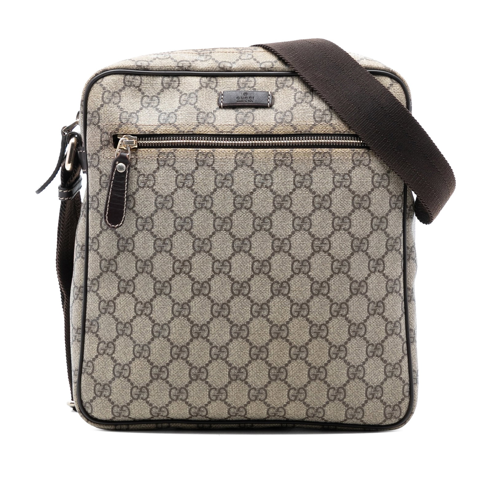 Brown GG Supreme Canvas Crossbody Bag with Leather Trim by Gucci: Brown GG Supreme Canvas Crossbody Bag with Leather Trim by Gucci This Gucci GG Supreme Crossbody bag features a coated canvas body with leather trim, a flat strap, a top zip closure, an exterior front