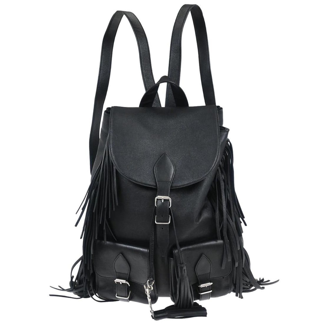 Black Leather Backpack with Fringe by Saint Laurent Festival Collection: Black Leather Backpack with Fringe by Saint Laurent Festival Collection This Saint Laurent backpack features a sleek black leather exterior with fringe accents and a distinctive logo. Designed in a me