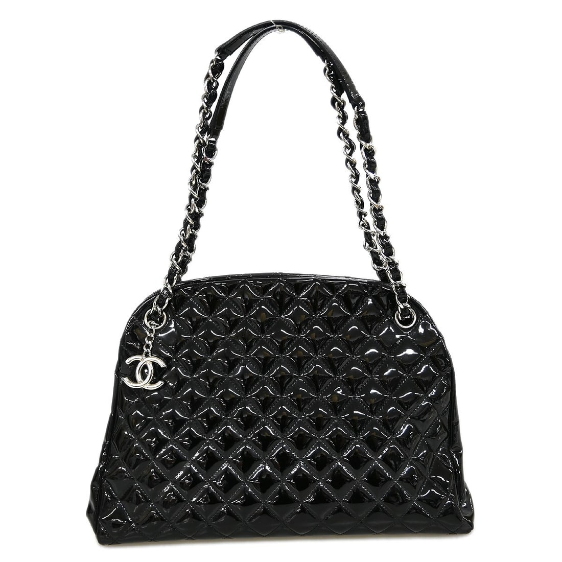 Chanel Duffle Large Black Patent Leather Double Handle Bag: Chanel Duffle Large Black Patent Leather Double Handle Bag This large Chanel duffle-style handbag is crafted from black patent leather and features double handles and inner pockets for added functiona