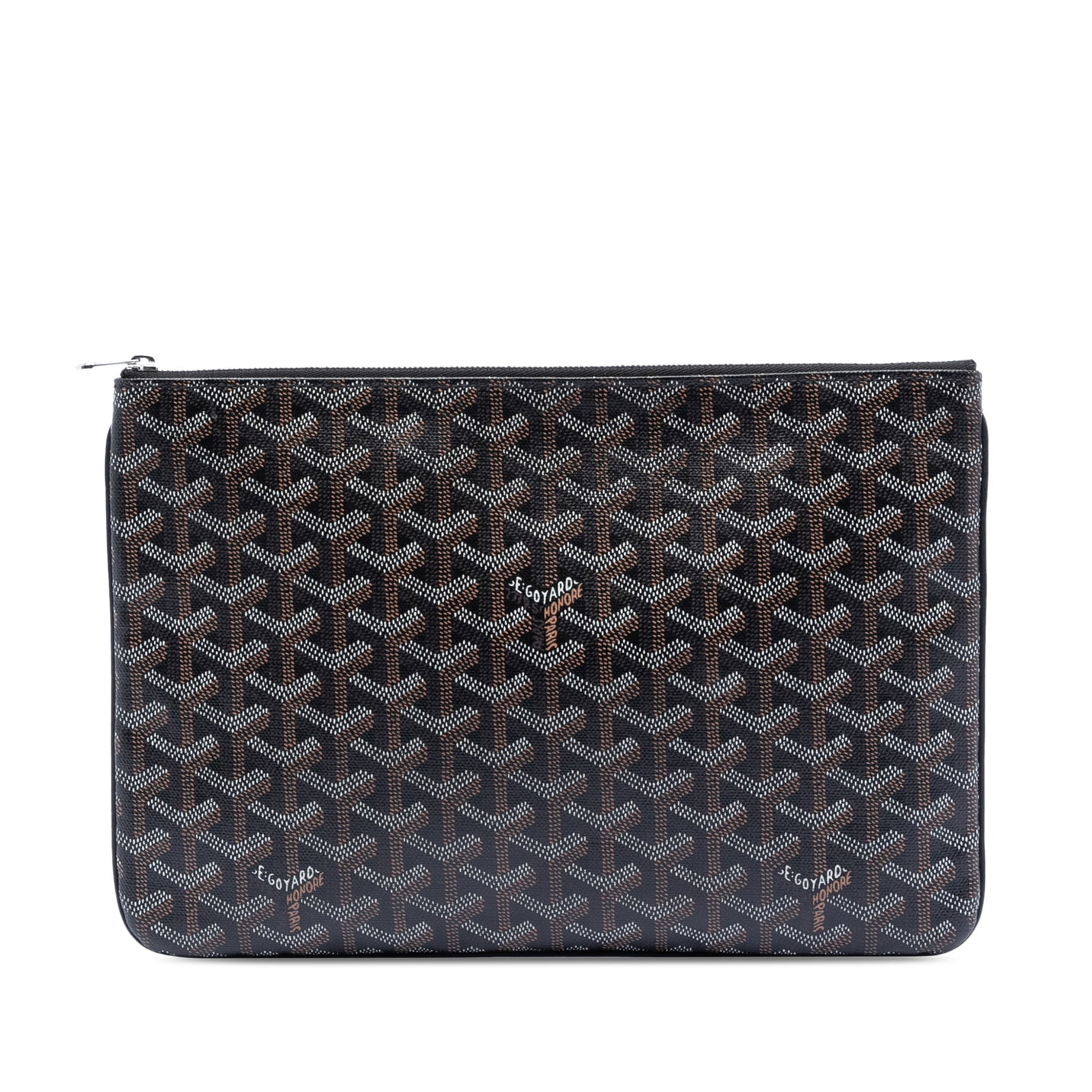 Goyard Black Coated Canvas Senat MM Pouch with Zip Closure: Goyard Black Coated Canvas Senat MM Pouch with Zip Closure The Goyardine Senat MM features a coated canvas body in black, accented by a top zip closure and an interior slip pocket. The item shows sign