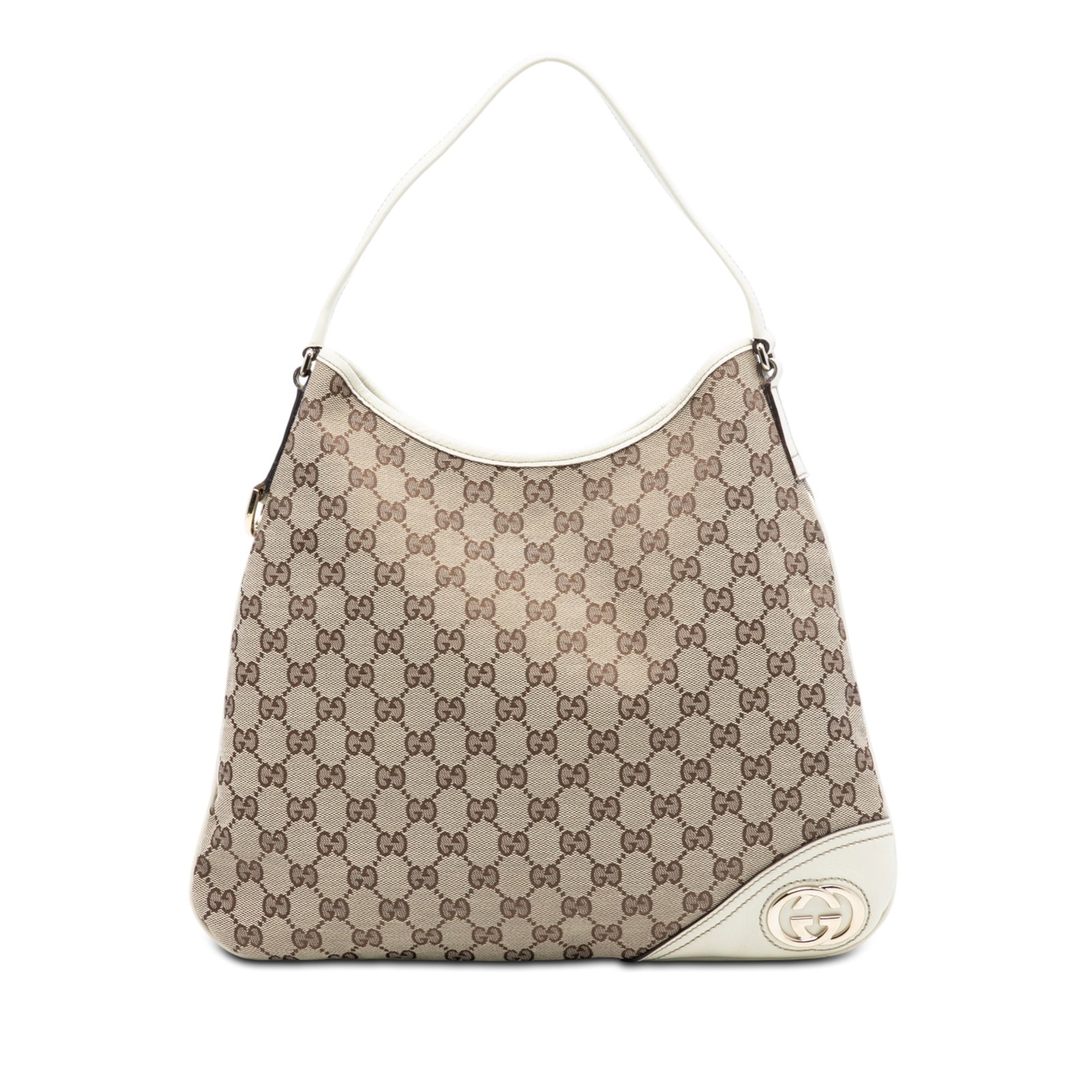 Gucci New Britt Beige Canvas Hobo Bag with Leather Trim: Gucci New Britt Beige Canvas Hobo Bag with Leather Trim The Gucci GG Canvas New Britt Hobo features a beige canvas body with leather trim, a flat leather strap, an open top with a magnetic closure, an