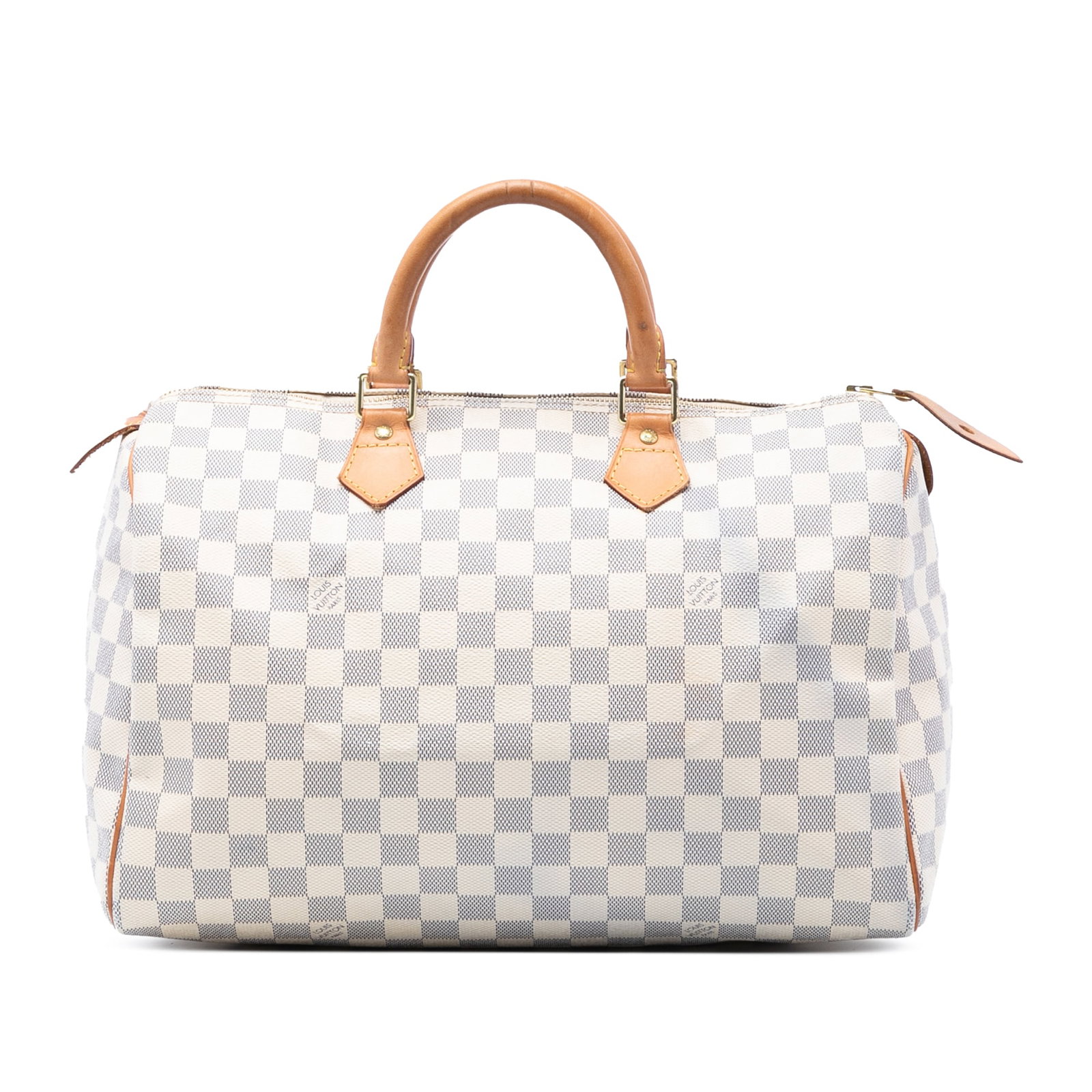 Speedy 35 Handbag in Damier Azur Canvas with Vachetta Trim: Speedy 35 Handbag in Damier Azur Canvas with Vachetta Trim This Louis Vuitton Damier Azur Speedy 35 features a damier canvas body with vachetta leather trim and rolled vachetta leather handles. It is 